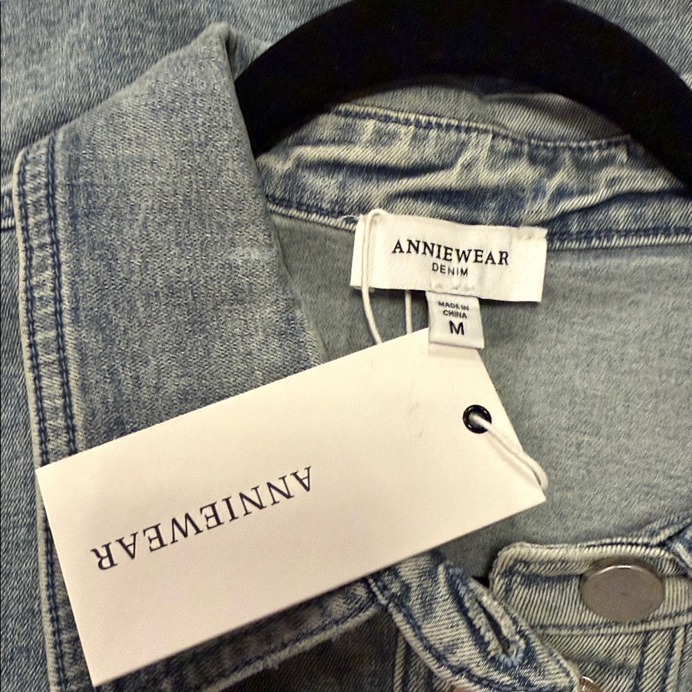 ANNIEWEAR Light Wash Denim Shirt with Checker Sleeves - Picture 8 of 8